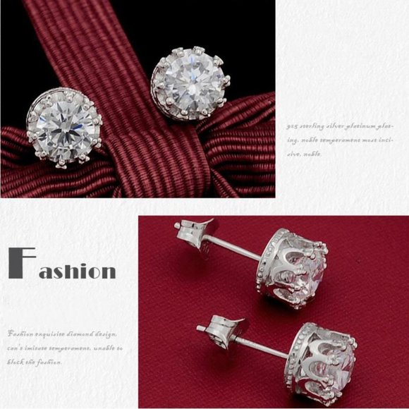 925 Sterling Silver Diamond Crown Stud Earrings - Picture 6 of 7